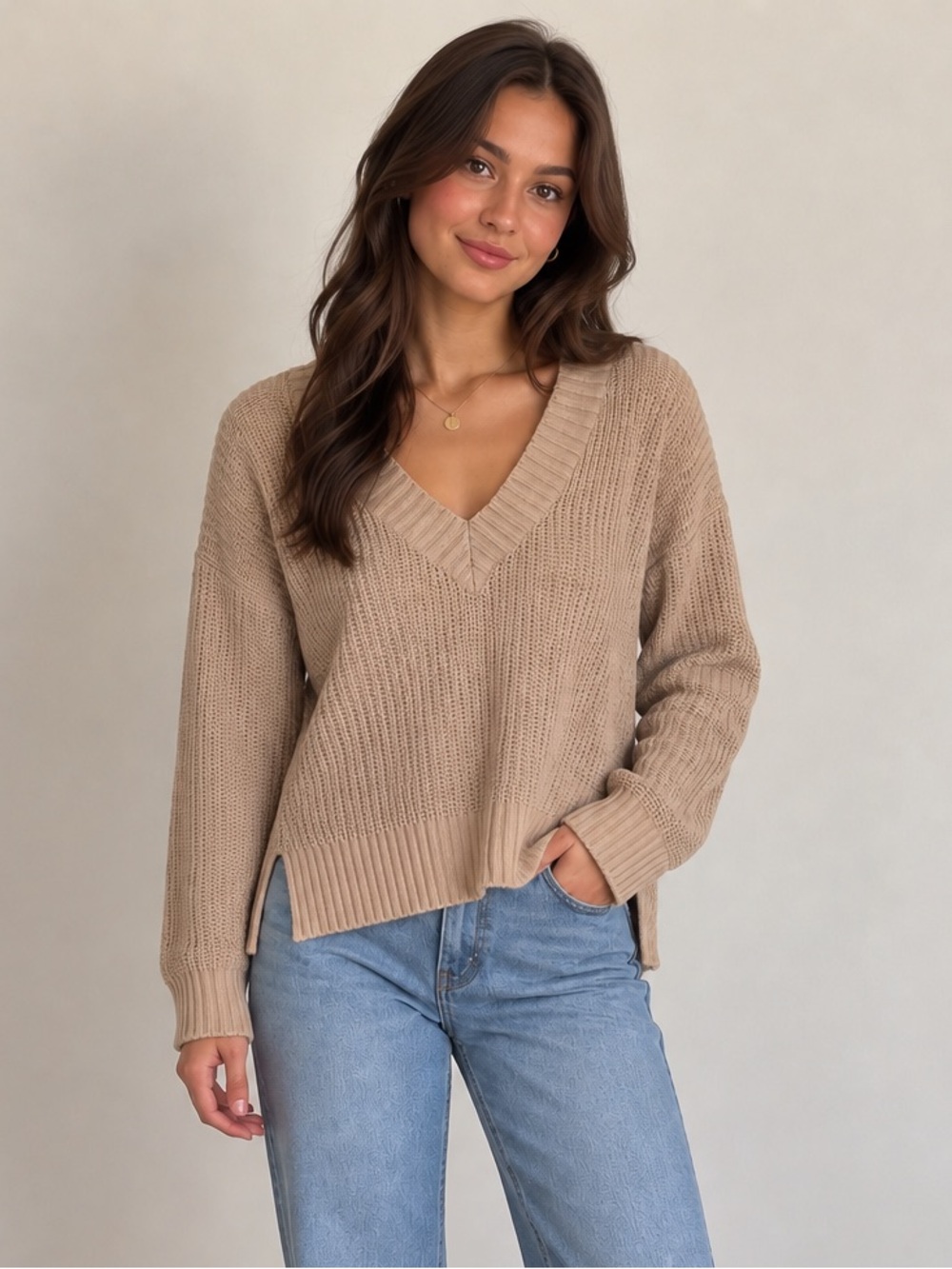 Revamped Beige V-Neck Knit Sweater